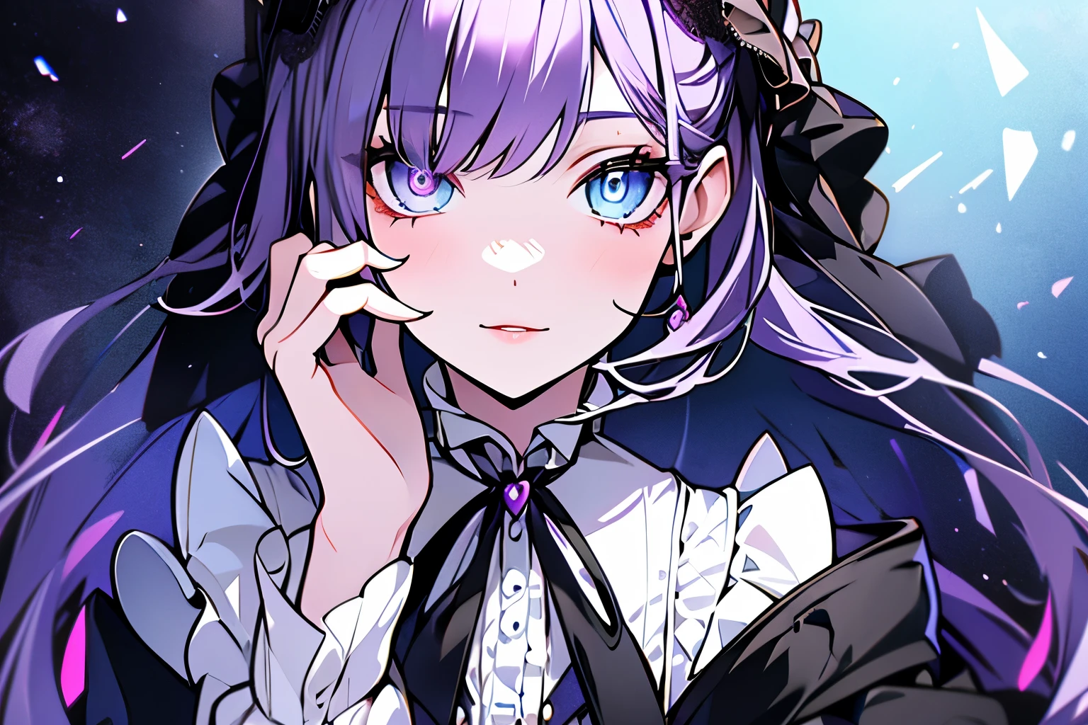 Victorian dresses, delicated eyes, delicated lips, (full heterocromia (a right eye blue, a left eye purple))
