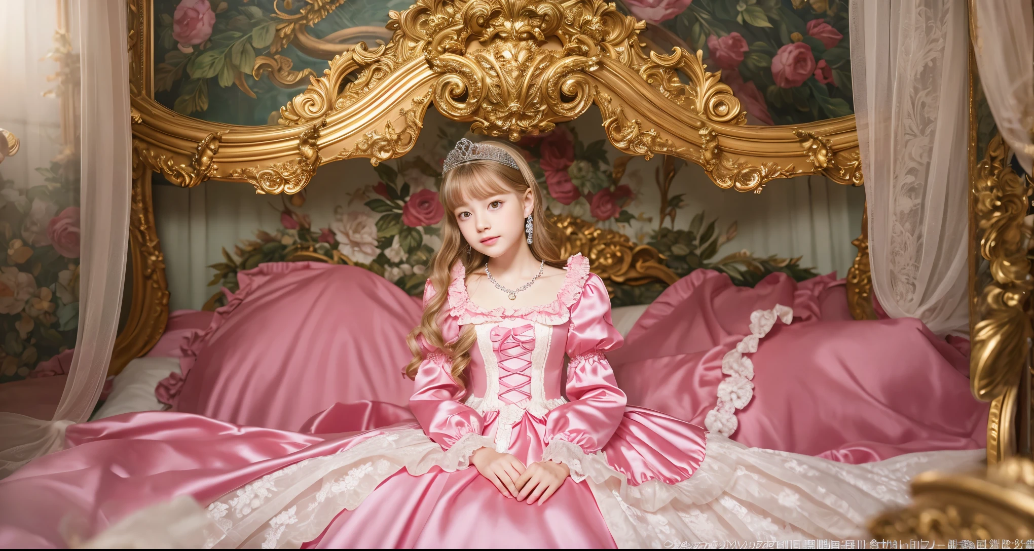 ,highest quality, masterpiece, Highest Resolution, artwork, super それにGet used to it, many Get used to it, Get used to it, それにGet used to it, 3K realistic photos,,(( When I was )),Super detailed baby face,She is a princess,Full-length ball gown dress with hoop skirt,Frilled yoke collar,Puff sleeves,Long sleeve,((Lolita style pink detailed princess satin dress、Lots of frills and ribbons。)),colorful rococo fashion,shiny satin dress,Soft and smooth fabric,luxury,Long blonde hair,blue eyes,White skin European,pajamas,((Inside the palace)),,,(( When I was 10 years old)),Sd baby face,Full-length ball gown dress with hoop skirt,Long skirt,Frilled yoke collar,Puff sleeves,腰まで伸びるLong blonde hair,blue eyes,White skin European,pajamas,((Inside the palace bedroom)),ピンクのシルクサテンのluxuryなCanopy bedの上,Canopy bed,Luxurious curtains under a canopy,There were a lot of frilly pillows on the bed.,Highly detailed background,Detailed bed,Romantic atmosphere,The little princess is sitting on the bed,