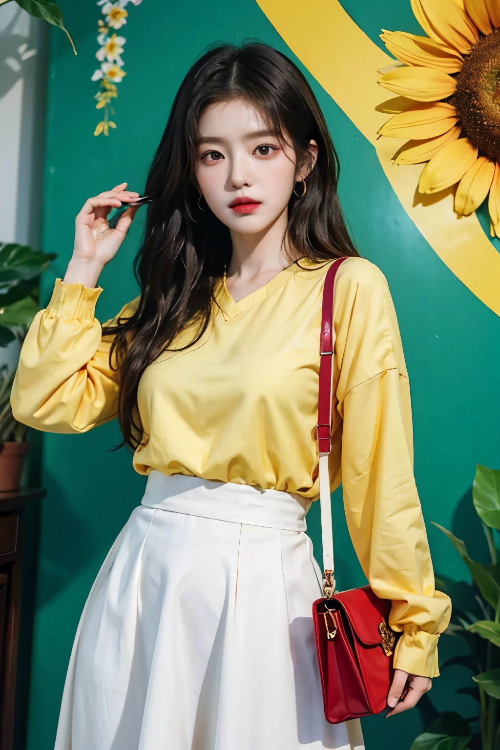 Anime girl wearing trendy Korean fashion and holding a yellow bag, artwork in the style of Guweizu, Guweizu, style art manure, beautiful sunflower anime girl, Art Jereum and A.T. Gailan, Smooth animated CG art, in Art German’s style, High-quality animation artstyle, Art German’s style, goddess of summer