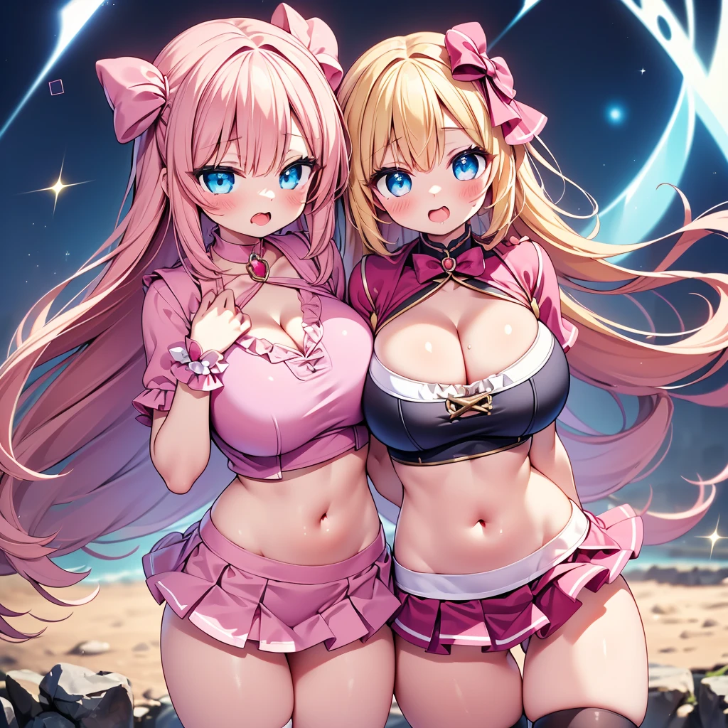 highest quality,wonderful,finely,extremely detailed CG Unity 8K wallpaper,  (girls, cute eyes, (magical pink girl outfit,frill mini skirt:1.1), , clothed), (sparkling eyes:1.2), (skinny body:1.1), (huge breasts), (cleavage:1.3), (crop top navel:1.3), (open mouth:1.1), (long tongue:1.1), (mouth drool:1.1), (black stockings:1.1),(Thighs:1.2),(Waistline:1.1)