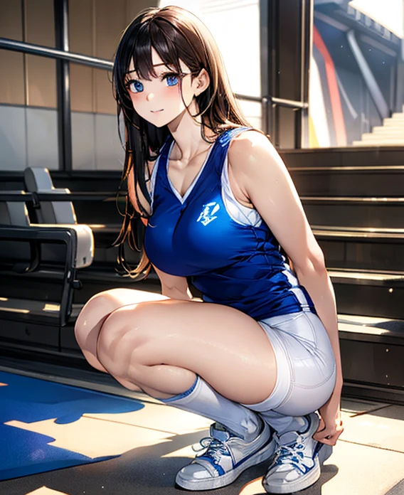 (masterpiece:1.2, highest quality), (Realistic, photoRealistic:1.4), Beautiful illustrations, (Natural Side Lighting, Cinema Lighting), Browsing Caution,
View your viewers, Cowboy Shot, Front view:0.6, 1 girl, Japanese, , high school girl, Perfect Face, Cute and symmetrical face, Shiny skin,
(Long Hair:1.8, Straight hair:1.7, Ground hair), Asymmetrical bangs, blue eyes, (Large Breasts:1.1, Thick thighs),
Beautiful Hair, Beautiful Face, Beautiful fine details, Beautiful clavicle, Beautiful body, Beautiful breasts, Beautiful thighs, Beautiful feet, Beautiful fingers, Beautiful ass,
((White and blue volleyball uniform,
White and blue tight bloomers,
A tight-fitting sleeveless white and blue tank top, Short socks, White sneakers, )),
(Beautiful views), evening, Stadium,Squat、 ( squat), ( Upward glance), The thighs are wide open to the left and right、Accentuate the crotch、Anatomically correct body representation、Accurate Fingers、Accurate hands、Accurate feet、Express the whole body