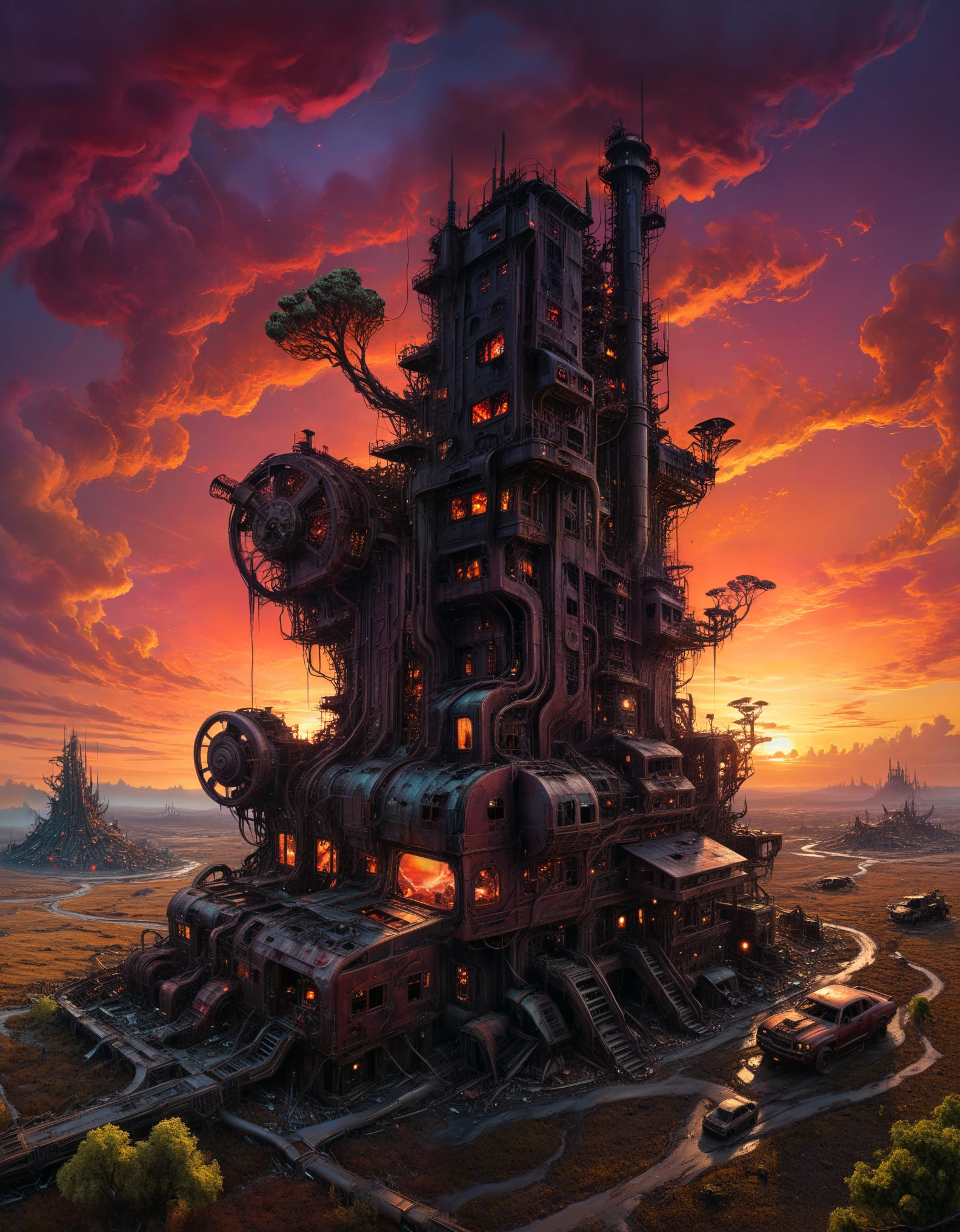 Science fiction art, (glowing oil painting style), artist by Aaron Horkey, best quality, 4k, 8k, high-rise building, masterpiece: 1.2, super detailed, realistic: 1.37, gravel, futurism, desolation, majestic landscape, dystopian cities, destroyed buildings, dark sky, deep red sunset, tall trees, open grassland terrain, mechanical creatures, glowing neon lights, industrial structures, wreckage, The atmosphere of the post apocalyptic world, the endless horizon, Unforgettable beauty, skilled lines, intricate textures, subtle gradients, complex compositions, extraordinary, sublime, organic forms, puzzling details, fine brushstrokes, exquisite craftsmanship, avant-garde steampunk elements, vibrant colors, vast desolation, cyberpunk influence, ethereal lighting, awe inspiring, extraordinary depth, impressive scale, dreamy quality The atmospheric response