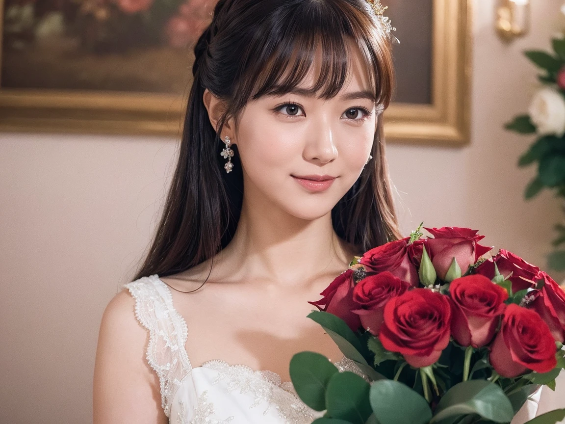 Medium Size Display, Medium Shot, Written boundary depth, bust, Upper Body, Movie angle, masterpiece, highest quality, Very detailed, CG, 8k wallpaper, Beautiful Face, Delicate eyes, Otome, alone, smile, bangs, have,Royal Blue Dress, bow, petal, Bouquet of roses