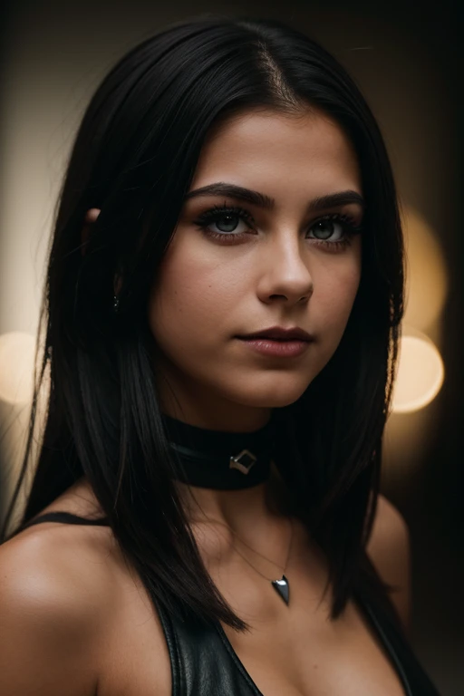 18 year old gothic british girl, , leather choker with hearts, medium breasts, soft black lips, green eyes, medium eyelashes, medium nose, medium ears, thick eyebrows, long black hair, looks away, natural skin, moles on skin, (cinematic, film grain: 1.1) smile, dynamic body posture, full body, + cinematic darkness, chiaroscuro, contrasted, ma(:0)disyn s(:0)hipman, all prologue, continuation, youth body, at the French Riviera film festival, corporate punk, wrapped, surreal, high quality photography , 3-point lighting, flash with softbox, 4k, leica m6, hp5 plus, sharp focus, high resolution, award-winning photography, medium photo grain, 50mm, f2.8, depth of field
