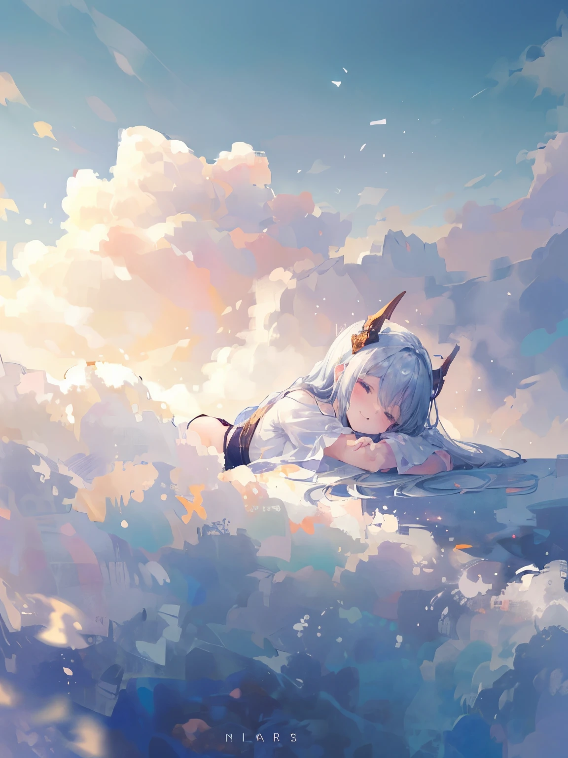 One girl、Demon Girl、horn、The best smile、Ride the Clouds、Lying on a cloud、Sleeping on the clouds、Fantasy art、(((masterpiece))), (best quality), (ultra detail), (very_high_resolution), (large_filesize), (full color)