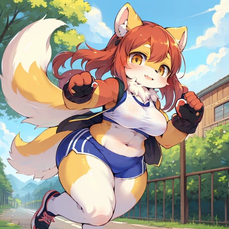 masterpiece, high quality, absurd res, digital painting \(artwork\), by dagasi, yupa,kiyosan,(fluffy fur:1.1),(bright:0.8),bright eyes,character focus,anthro, female, outside, solo, thick thighs, (muscular female),by BerseePon,wearing cloth,gym wear,running,