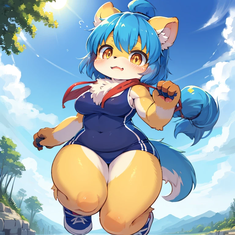 masterpiece, high quality, absurd res, digital painting \(artwork\), by dagasi, yupa,kiyosan,(fluffy fur:1.1),(bright:0.8),bright eyes,character focus,anthro, female, outside, solo, thick thighs, (muscular female),by BerseePon,wearing cloth,gym wear,running,