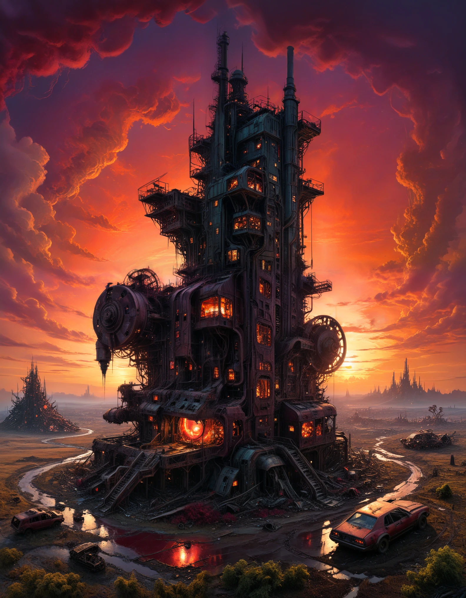 Science fiction art, (glowing oil painting style), artist by Aaron Horkey, best quality, 4k, 8k, high-rise building, masterpiece: 1.2, super detailed, realistic: 1.37, gravel, futurism, desolation, majestic landscape, dystopian cities, destroyed buildings, dark sky, deep red sunset, tall trees, open grassland terrain, mechanical creatures, glowing neon lights, industrial structures, wreckage, The atmosphere of the post apocalyptic world, the endless horizon, Unforgettable beauty, skilled lines, intricate textures, subtle gradients, complex compositions, extraordinary, sublime, organic forms, puzzling details, fine brushstrokes, exquisite craftsmanship, avant-garde steampunk elements, vibrant colors, vast desolation, cyberpunk influence, ethereal lighting, awe inspiring, extraordinary depth, impressive scale, dreamy quality The atmospheric response