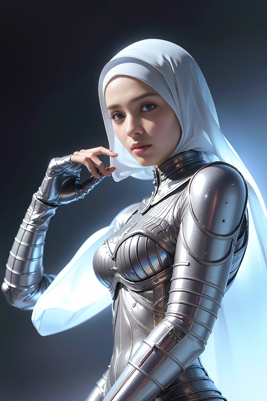 ( (8k:1.27), melhor qualidade, obra-prima, ultra highres:1.2) Foto de malay woman (beautiful:1.1) (sci-fi warrior woman:1.1) wearing hijab, soldado espacial, (jaqueta de couro:1.21) intrincado elegante, fantasia, detalhado, Ometric by Greg Rutkowski and Alphonse Mucha, gradient lighting, silver suit