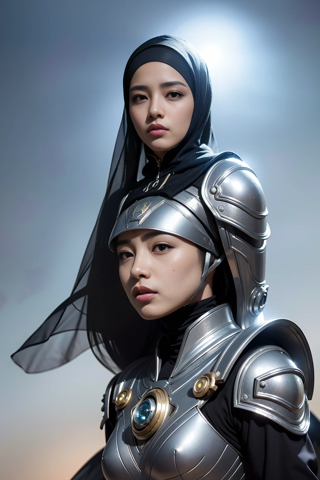 ( (8k:1.27), melhor qualidade, obra-prima, ultra highres:1.2) Foto de malay woman (beautiful:1.1) (sci-fi warrior woman:1.1) wearing hijab, soldado espacial, (jaqueta de couro:1.21) intrincado elegante, fantasia, detalhado, Ometric by Greg Rutkowski and Alphonse Mucha, gradient lighting, silver suit