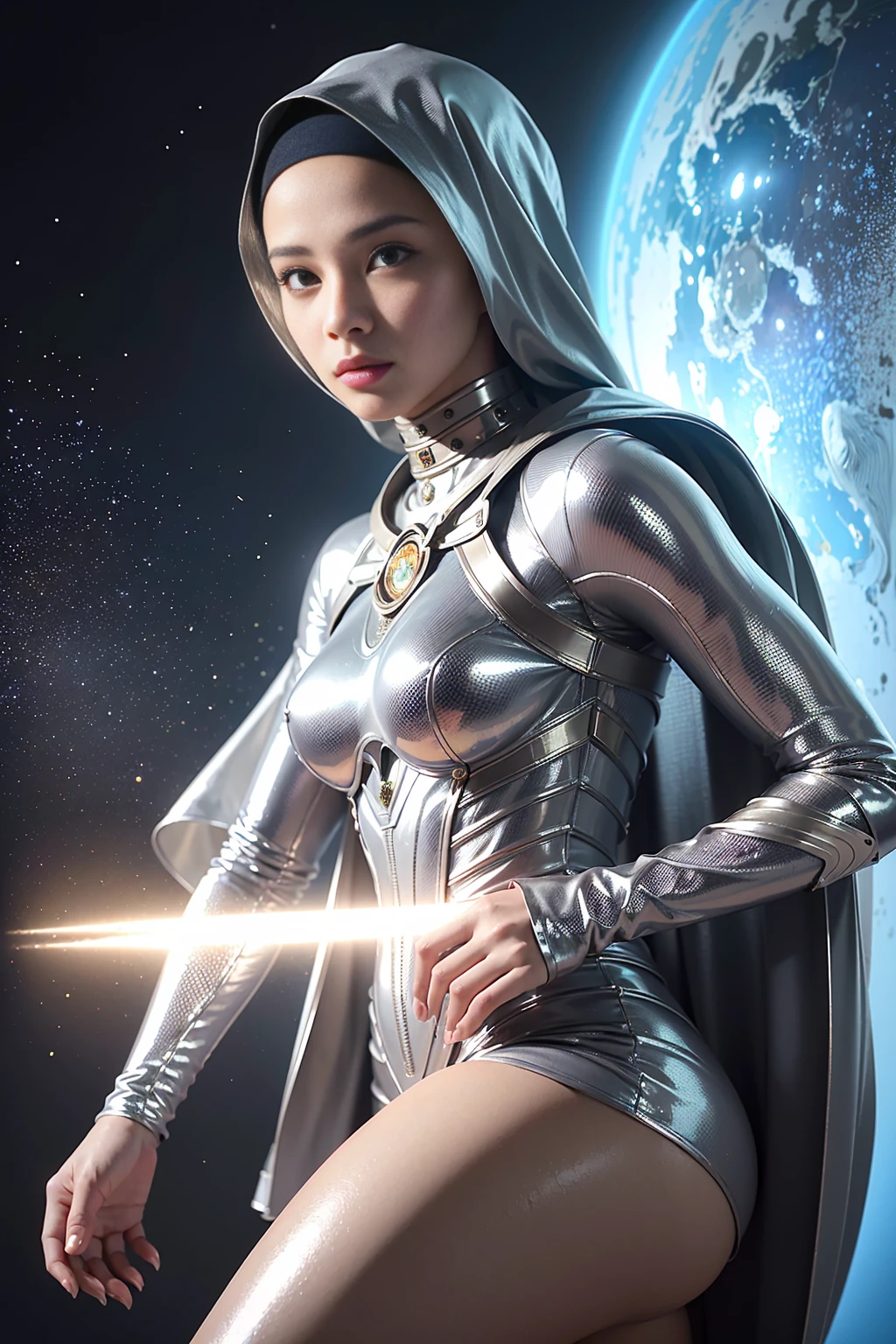 ( (8k:1.27), melhor qualidade, obra-prima, ultra highres:1.2) Foto de malay woman (beautiful:1.1) (sci-fi warrior woman:1.1) wearing hijab, soldado espacial, (jaqueta de couro:1.21) intrincado elegante, fantasia, detalhado, Ometric by Greg Rutkowski and Alphonse Mucha, gradient lighting, silver suit