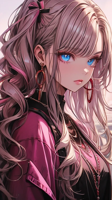red stream, 1 girl, alone, Long Hair, Looking at the audience, Blue Eyes Background, White Background, jewelry, Mouth closed, Jacket, Upper Body, Golden Hair, Twin tails,Earrings, Blue eyes, necklace, From the side, sweater, lips, eyelash, Compensate, Wavy Hair, Earrings, cross, lipstick, ear Earrings, eye shadow, hoop Earrings, pink lips, Variegated eyes, Pink Theme, , pink eye shadow,
