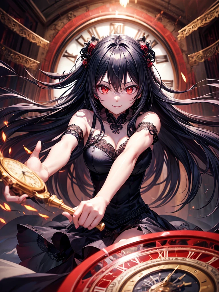 Tokisaki Kurumi,Anime,date a live,colorful,explosive,action-packed,girl with red eyes,dark expressions,long silver hair,stylish black gothic dress,elegant and mysterious appearance,holding a clock,beautiful smile,vibrant background,dynamic and intense poses,anime-style,highly detailed character,soft shading,contrasting light and shadow,emotional atmosphere,intricate lace details,endless time,time manipulation,glowing red eyes,romantic aura,clock motifs,fantasy battle,otherworldly powers,magical effects,epic battle scene,day-night transition,breathtakingly beautiful,masterpiece:1.2,best quality,4k,ultra-detailed,photorealistic,bokeh,sharp focus,vivid colors