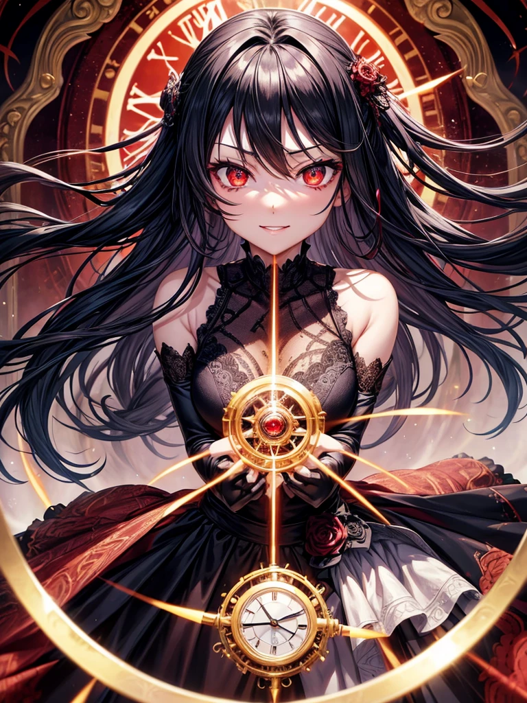 Tokisaki Kurumi,Anime,date a live,colorful,explosive,action-packed,girl with red eyes,dark expressions,long silver hair,stylish black gothic dress,elegant and mysterious appearance,holding a clock,beautiful smile,vibrant background,dynamic and intense poses,anime-style,highly detailed character,soft shading,contrasting light and shadow,emotional atmosphere,intricate lace details,endless time,time manipulation,glowing red eyes,romantic aura,clock motifs,fantasy battle,otherworldly powers,magical effects,epic battle scene,day-night transition,breathtakingly beautiful,masterpiece:1.2,best quality,4k,ultra-detailed,photorealistic,bokeh,sharp focus,vivid colors