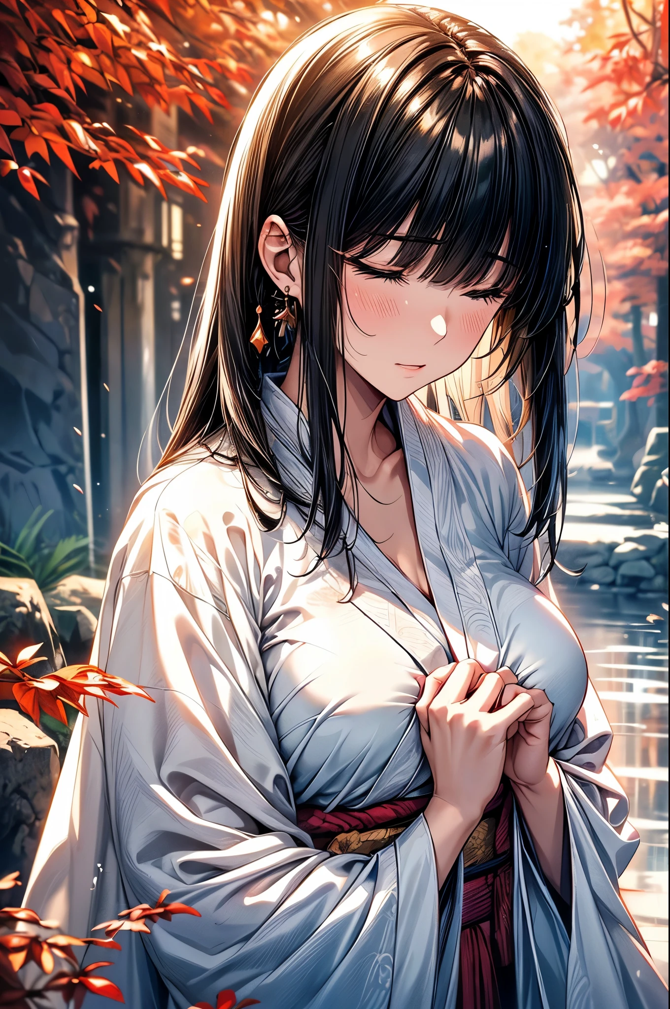 1 lady only, (standing under Fall), (Face down), kimono (Pure white robe:1.1), Mature female, /(Black Hair/) (Straight Hair) Bangs, blush (Close your eyes slightly:1.1), (Masterpiece Best Quality:1.2) Exquisite illustrations with rich details, Big BreastsBREAK (Fall) outdoor, Holy Land, splash, rock, (Fall sparkle in the sunlight), Detailed background