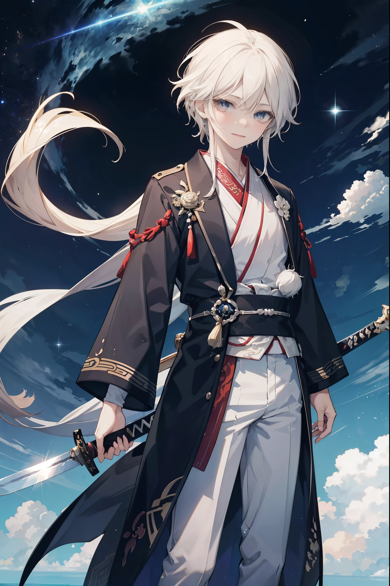 Chinese style, antiquity, Men, young people, Hanfu, 长White hair, White hair, Exquisite, Handsome, Fairy air, Dreamy and magical, 手拿Long Sword, Mole under the eye, Super Detail, cartoon , best quality, long coat, cartoon, Ethnic style, Long Sword, Sword blade, Ultra HD 4K, 4K, high quality, highest quality, moonlight, sky sky, Starry Sky