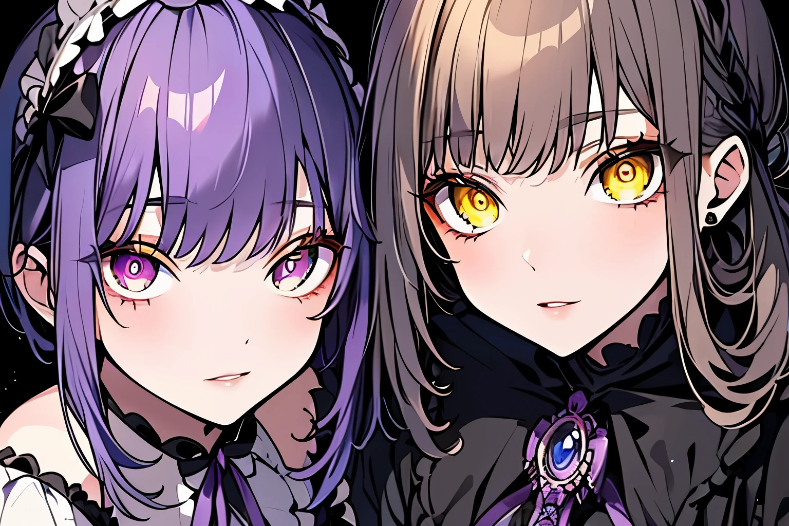 Victorian dresses, delicated eyes, delicated lips, (full heterocromia (a right eye yellow, a left eye purple))