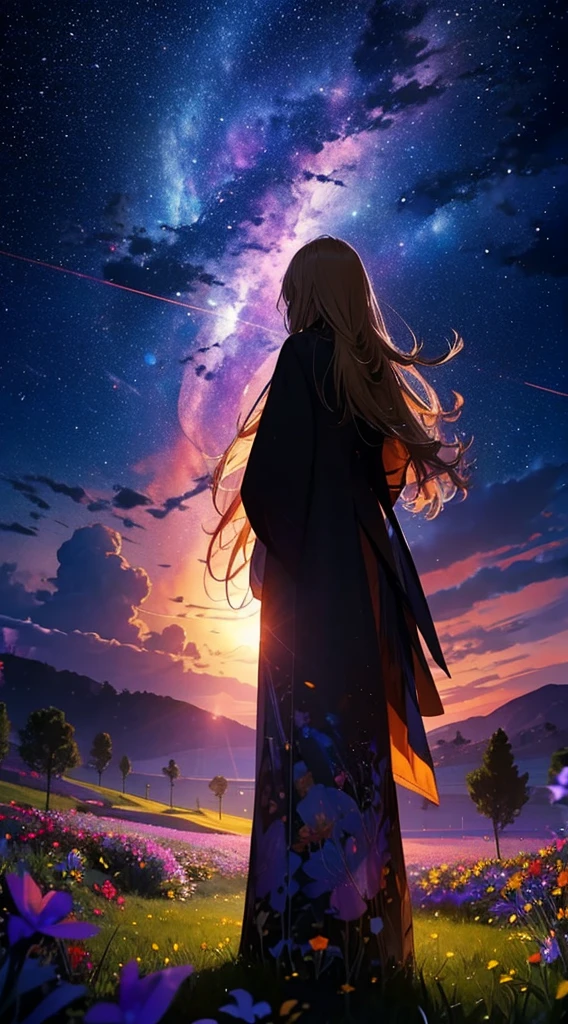 1people々々々々々々々,Blonde long-haired woman,Long coat, Dress Silhouette, Rear View,Space Sky, Flower Field,Colorful flowers