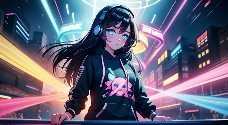 masterpiece, best quality, high resolution, UHD, 8k, ((((cowboy shot)))), BREAK, 1 girl, ((girl style anime)), Glossy skin, rounded eye, beautiful eyelash, realistic eye, beautiful woman, blue ligth hair, long hair, with white highlights, perfect body, medium breasts, BREAK, DJ en Neon Skies, girl DJ using large headphones, on a turntable, wearing a sweatshirt with neon heart prints, mixing music in a neon environment with many lights, colored lasers, balloons, and colored confetti,
