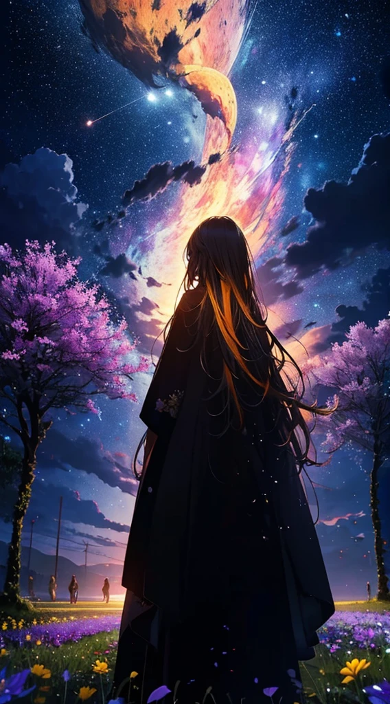 １people々々々々々々々,Blonde long-haired woman，Long coat， Dress Silhouette， Rear View，Space Sky, Flower Field，Colorful flowers