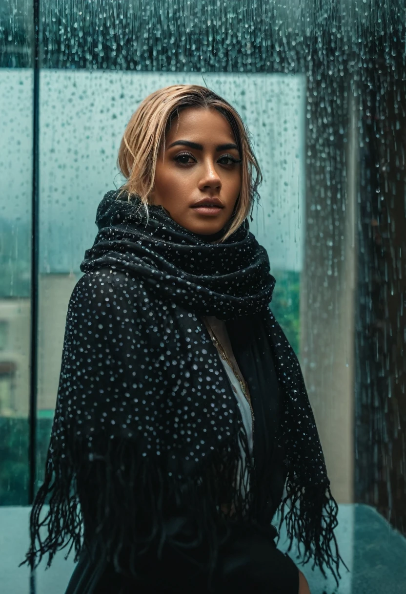 um close f/1.3 full body wide angle lens shooting of a girl with 2 tone hair and a black scarf, um retrato de personagem, ((background inside an all-glass hotel outside a light rain, well-defined raindrops captured in slow motion)). detalhes intrincados, surreal lighting, cena com muita vivacidade. realismo profundo