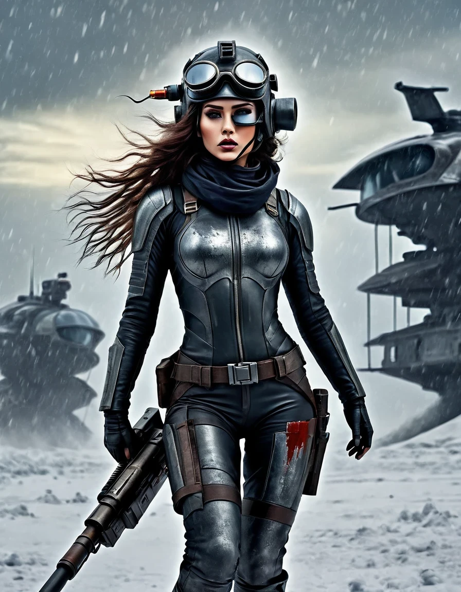 in style of Christian Schloe, beautiful details，best quality, ultra-detailed, HDR, masterpiece:1.2, wasteland, beautiful warrior holding a rocket launcher, futuristic fantasy, long flowing hair, high-tech helmet, goggles, blood and black oil paint on her face, dirt, wounded, worn-out, tragic, movie still, Siberia, vast wasteland covered in snow, cold night, sci-fi art, in style of Amedeo Modigliani, battle, war, multiple warriors, background: army combat battlefield, numerous brave soldiers.