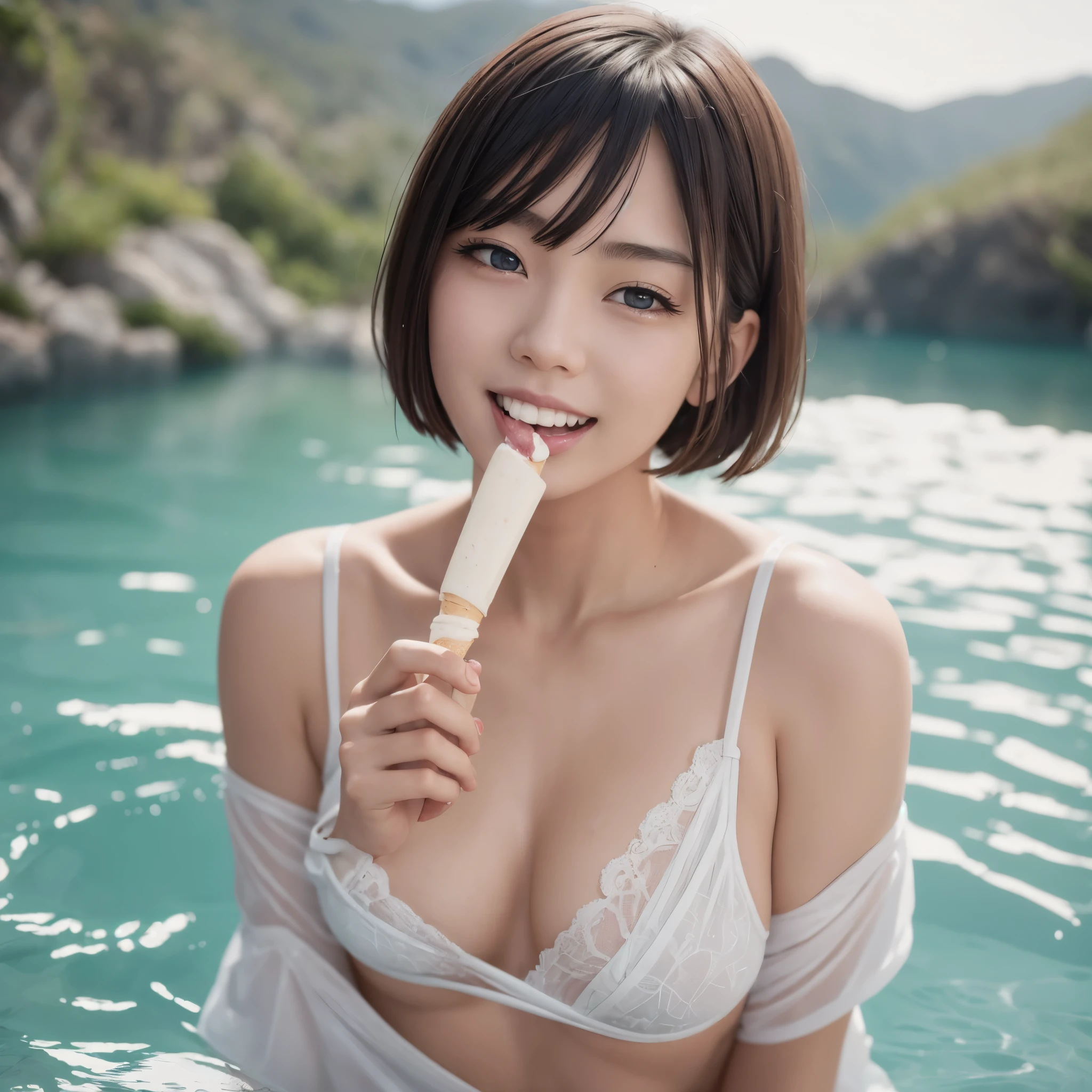 (((Browsing Caution))), (RAW Photos:1.2), (Realistic), Beautiful detailed girl, Very detailedな目と顔, Narrow and beautiful eyes, Large file size, High resolution, Very detailed, highest quality, [Tabletop:1.6], shape, Very detailed, Finer details, highest quality, 8k wallpaper, Cinema Lighting, 15 year old Japanese girl, Early summer season, Energetic look, Eating ice cream in a hot spring, naked, Posing with ice cream, No top,  Small nipples are visible, White panties are visible, Short Bob Hair, Slender body, Young Face, Small breasts, Exposed nipples,  Steamy hot springs, A girl eating ice cream while taking a bath in a hot spring