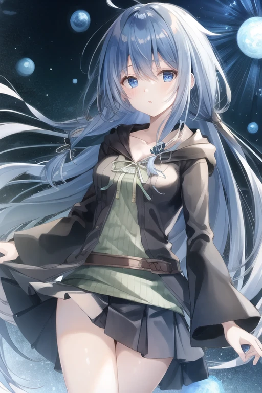 masterpiece, best quality, Ultra-high quality CG, Elijah I, 1 girl, Solitary, Long hair, Looking at the audience, skirt, shirt, Long sleeve, Keep, Hair between the eyes, Medium breasts, Keep your mouth shut, clavicle, Cowboy shooting, pleated skirt, Open your clothes, hood, Wide sleeves, black skirt, Blue Background, hood down, staff, robe, green shirt, Keep staff, Monster duel, ribbed shirt, open robe, hooded robe