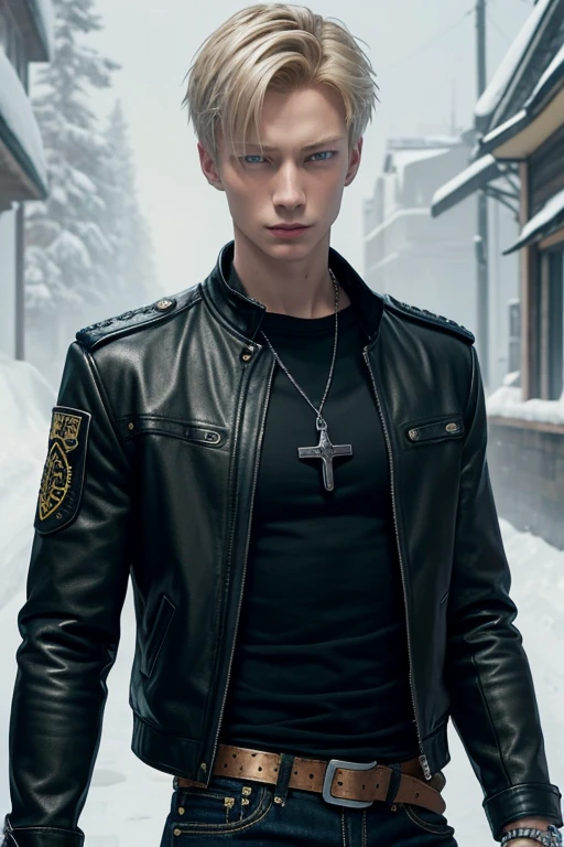 Will Tudor 20-year-old boy with open black jacket, blue t-shirt with snow print, short black hair, punk style, yellow locks, black jeans, green eyes, black leather belt, silver buckle, slim muscular build, cross medallion, silver bracelet, looking straight at the viewer