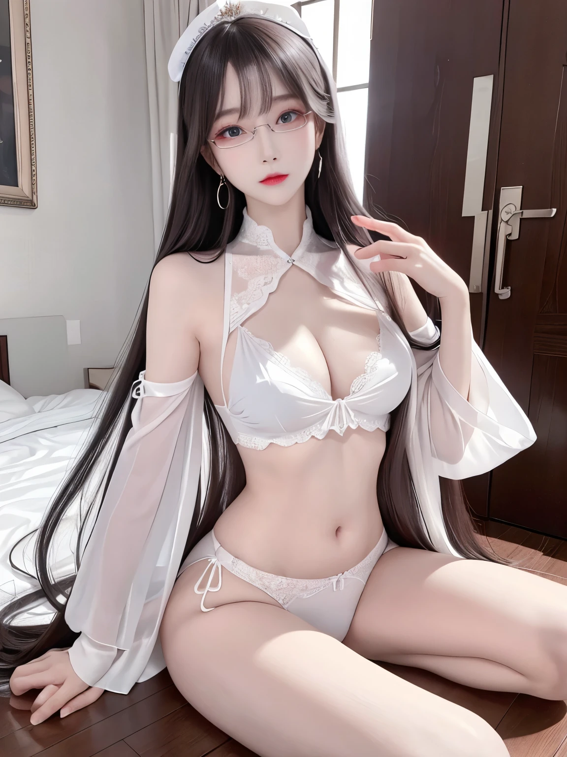 Top image quality、Raw photography、A high resolution、20-year-old cool Korean、big round chest、red lace underwear、Beautiful Eyes of Details、very elongated eyes、Beautiful eyelashes、Beautiful double eyelids、eyeshadows、 long legs, medium thighs, wearing Glasses、beautiful eyes finely detailed、elongated eyes、long eyeslashes、Beautiful double eyelids、eyeshadows、earrings、shiny white skin、 full body shoot, chuppy girl,