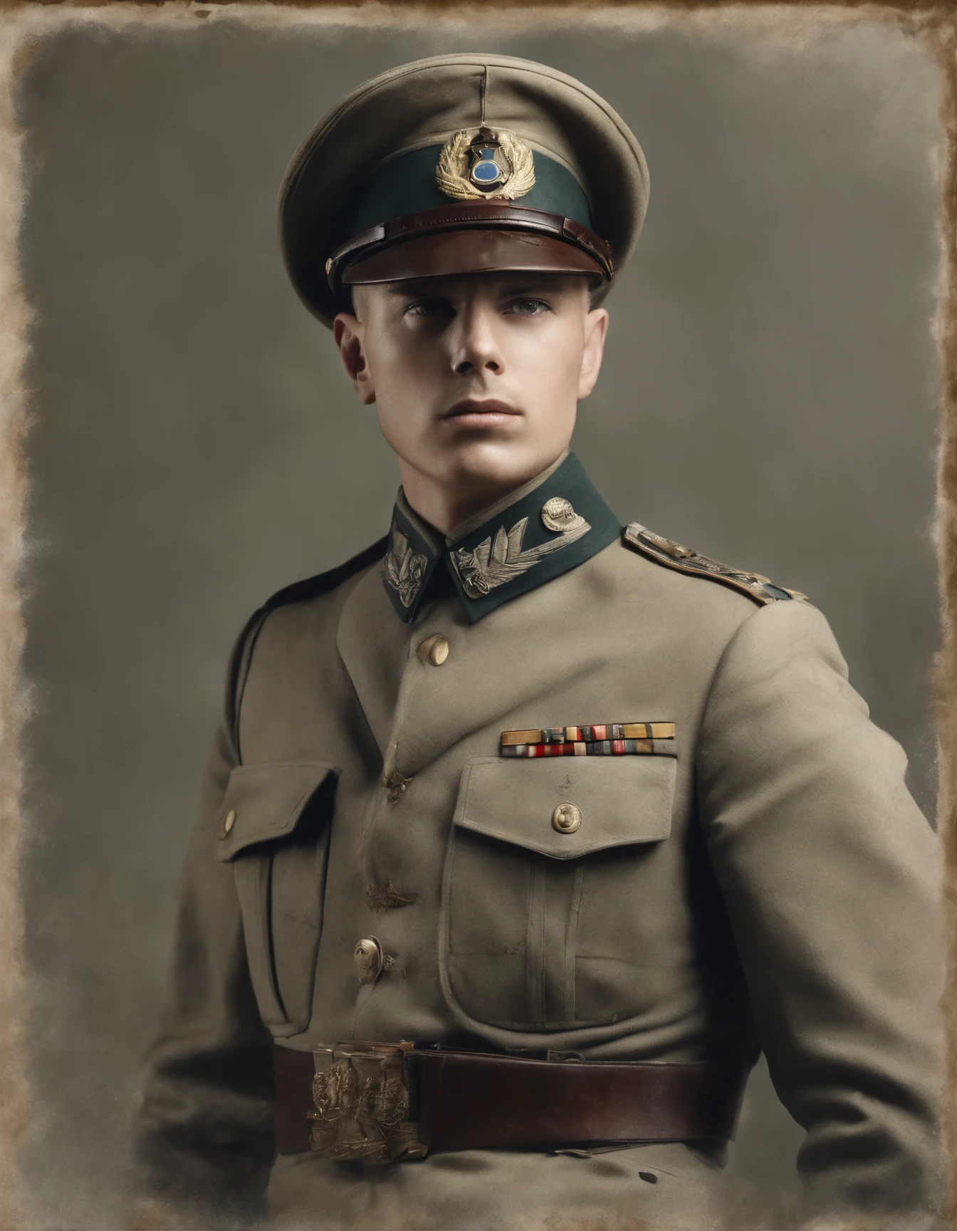 arafed photo of a man in a military uniform posing for a picture, a colorized photo by Gyula Basch, flickr, fantastic realism, world war 2 portrait photo, ww2 era photograph, taken on a ww2 camera, taken on a ww 2 camera, ww2 photo, in a soldier uniform, portrait of a soldier, in military uniform
