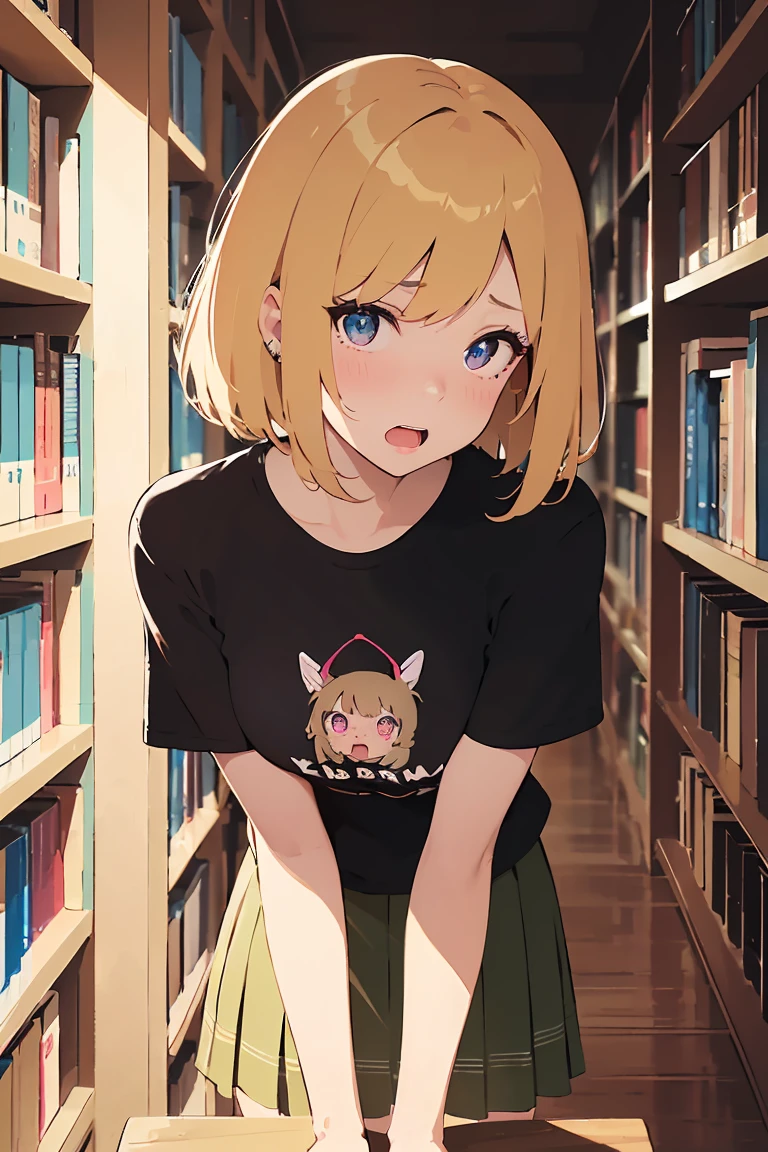 masterpiece, absurdres, best quality, ultra detailed, high Resolution, detailed illustration, bright colour, (extremely beautiful detailed face and eyes, Delicate beautiful face, 1 girl, cute face:1.3), (magenta eyes:1.1), sparkling eyes, big eyes, medium breasts, (perky breasts:1.1), (pointy breasts:1.1), medium hips, glamorous body, white skin, BREAK, long bob cut, (blonde hair:0.8), messy hair, detailed hair, shiny hair, BREAK (buggy t shirt, skirt:1.5), perfect lighting, (embarrassed:1.5), (ecstasy, vulgarity:1.5), (trembling:0.8), (Peeking from below, Stand on a stepladder, library:1.3)