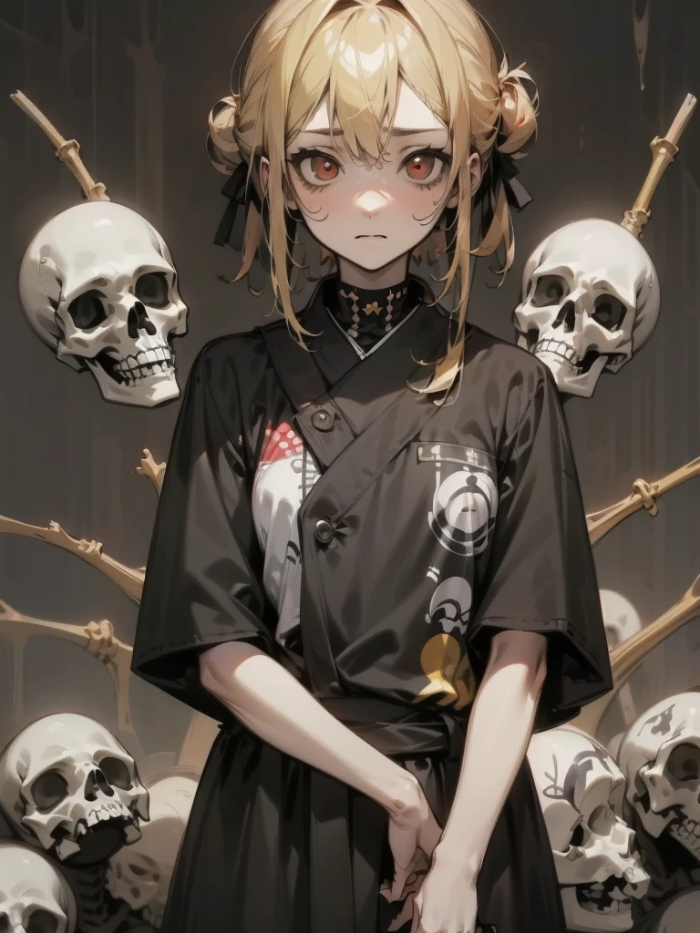 Churim、Skeleton pattern、Ainu people、
masterpiece, highest quality, Pistol, Put a gun to your head, Possession of a gun, Upper Body, One girl, alone, Dead in my heart, Expressionless, Expressionless, Hollow Eyes, Expressionless, indifferent, Red eyes, Wedge updo and hair intake, Yellow Hair, tasuki, short jumpsuit, Bandeau,