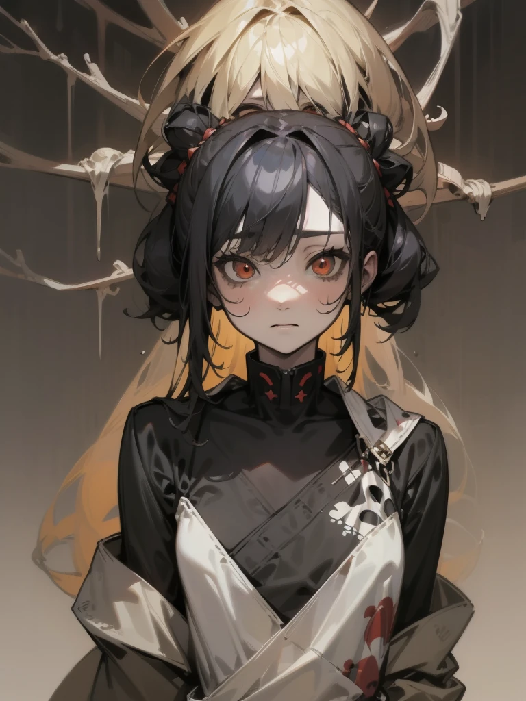 Churim、Skeleton pattern、Ainu people、
masterpiece, highest quality, Pistol, Put a gun to your head, Possession of a gun, Upper Body, One girl, alone, Dead in my heart, Expressionless, Expressionless, Hollow Eyes, Expressionless, indifferent, Red eyes, Wedge updo and hair intake, Yellow Hair, tasuki, short jumpsuit, Bandeau,