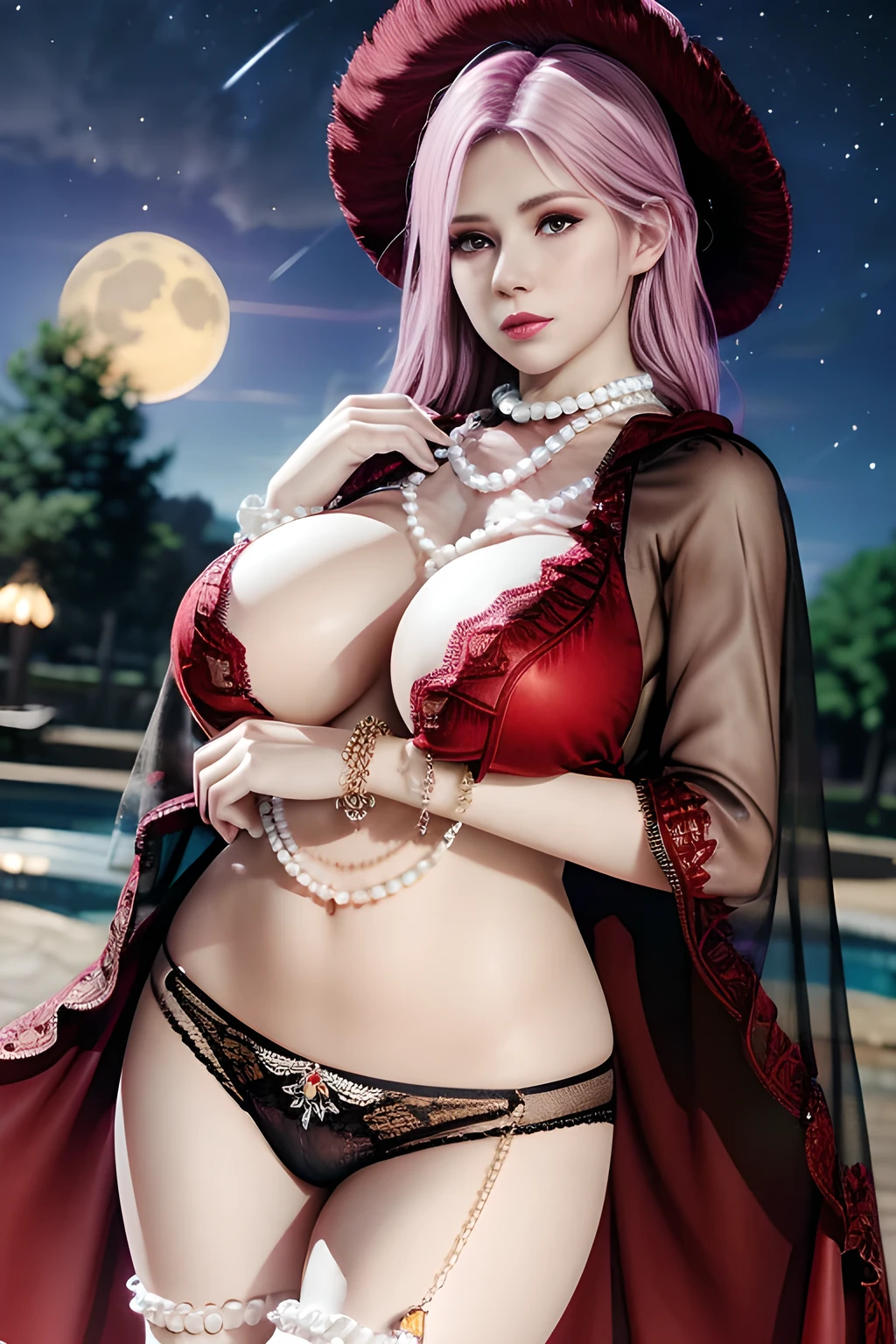 1 girl,lean over ,(Wearing underwear:1.2) ,(Wearing Jewel:1.2) ,( red lace_cloak:1.3),(Fluffs ),(pearl bodychain:1.3),mesh pantyhose,outdoor,elegant,nighttime,moonlighe,shiny skin,( huge breasts), lip gloss,tattoos, masterpiece, best quality, realistic ,Surrealism,natural colors art in 8k,soft shadows,Portrait art,solo, elise,
