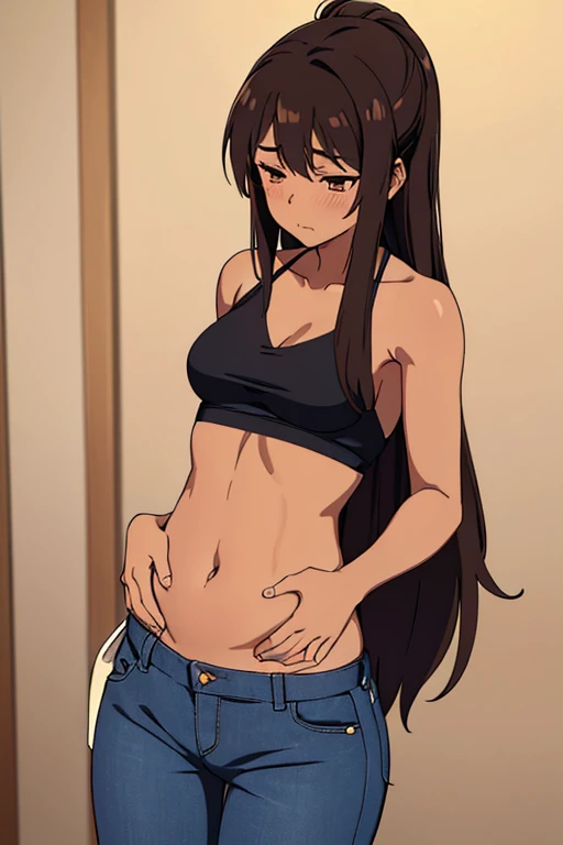 ((best quality)), ((masterpiece)), (detailed), perfect face, brown skin anime girl in a deep V neck backless halter top, (jeans trousers), famished in hunger, (gently resting hands on stomach), (long hair), (hands on her stomach), (eyes closed), (blushing), (hands-on belly)