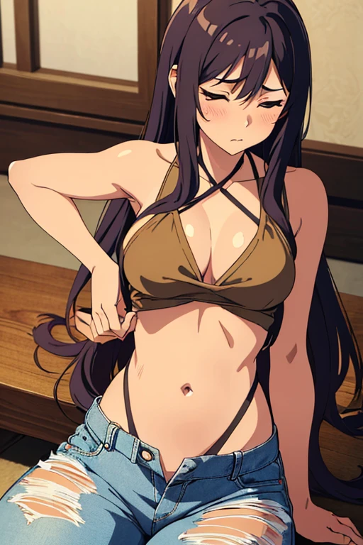 ((best quality)), ((masterpiece)), (detailed), perfect face, brown skin anime girl in a deep V neck backless halter top, (jeans trousers), famished in hunger, (gently resting hands on stomach), (long hair), (hands on her stomach), (eyes closed), (blushing), (hands-on belly)