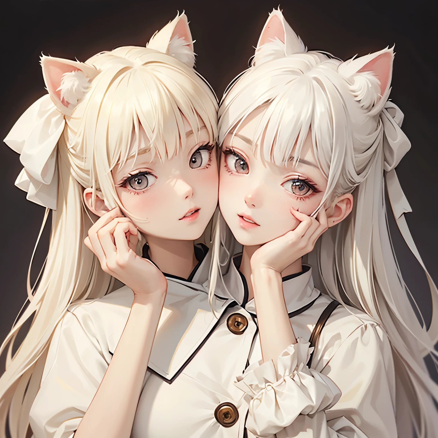 1 girl、Place one hand on cheek、dentist、dentist、mask、Nurse uniform、dentistで治療、Cat with ivory ribbon、Ivory colored hair、Ivory eyes、ivory colored clothes、Face with painful teeth