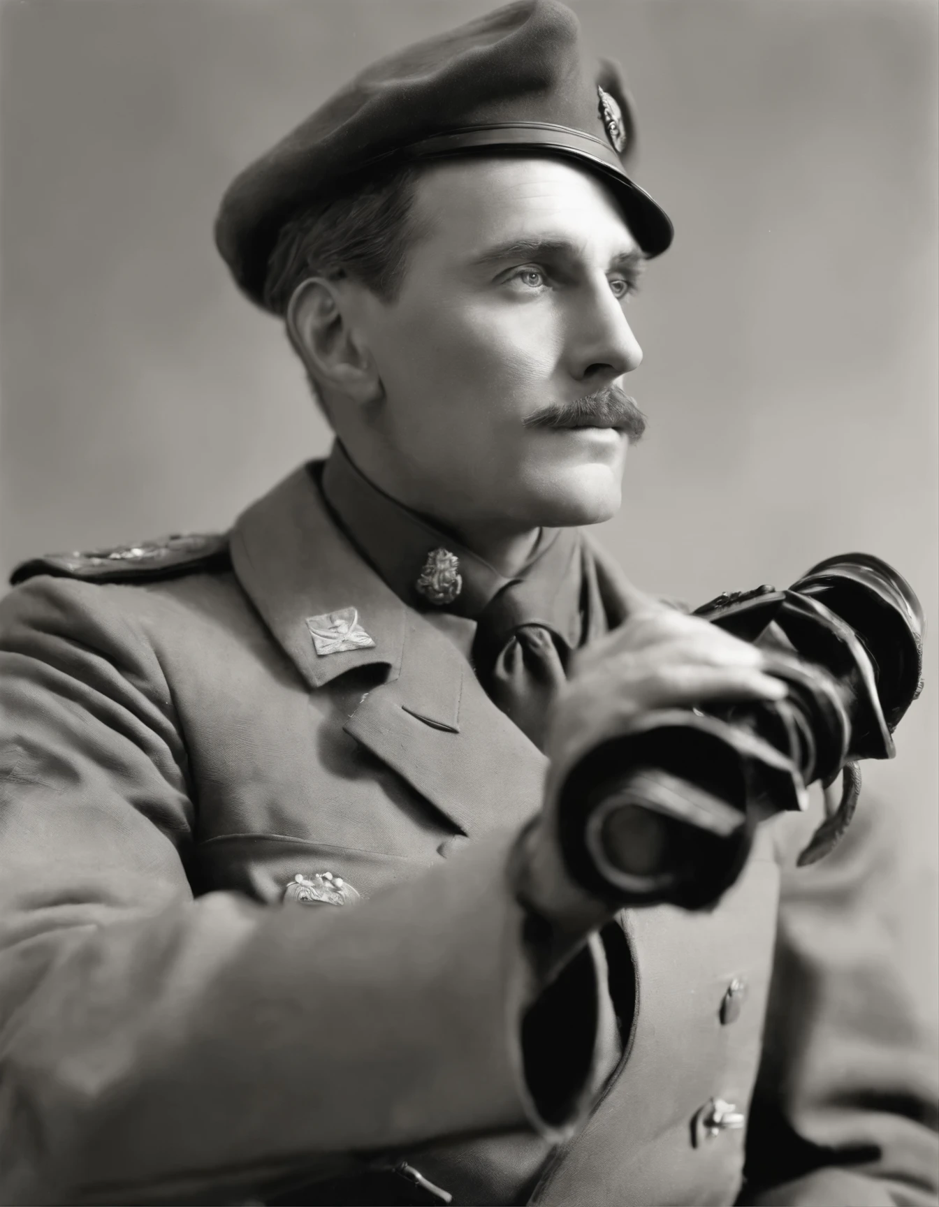 a black and white photo of a man in uniform holding binoculars, ralph macquarrie, lawrence of arabia, french resistance, gurney, hugh ward, jock, close portrait, portrait of a soldier, gunner, iain mccaig, smug look, peter lloyd, trevor carlton, arnold armitage, peter temple, flickr, 1 9 4 2