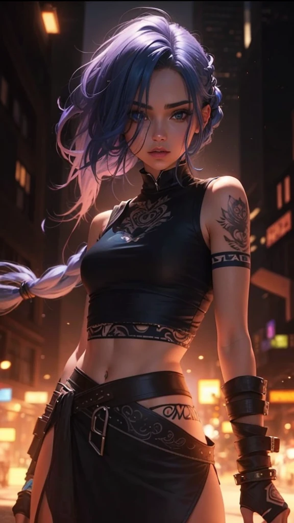 Beautiful girl , slim fit body , long tied blue hair , crop top , mini skirt , tattooed arm