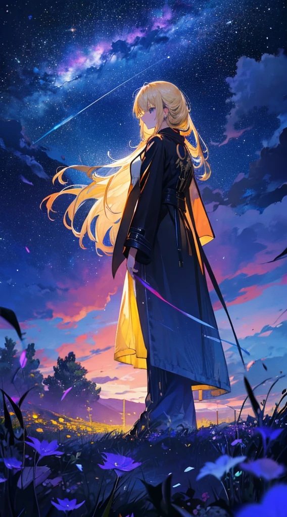 1people々々々々々々々,Blonde long-haired woman,Long coat, Dress Silhouette, Rear View,Space Sky, Flower Field,Colorful flowers