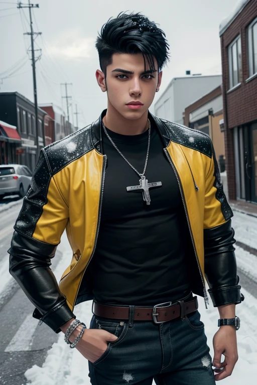 David Castro 20-year-old boy with open black jacket, blue t-shirt with snow print, short black hair, punk style, yellow locks, black jeans, green eyes, black leather belt, silver buckle, slim muscular build, cross medallion, silver bracelet, looking straight at the viewer