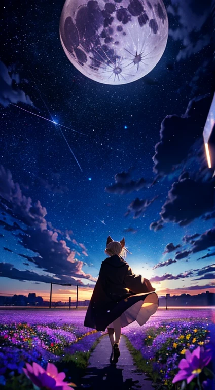 1people々々々々々々々々々々々々々,Woman with medium length blonde hair,Fox Ears,Long coat,Takageta, Dress Silhouette, Rear View,Space Sky, Flower Field,Colorful flowers,Dancing Petals,full moon,shrine,