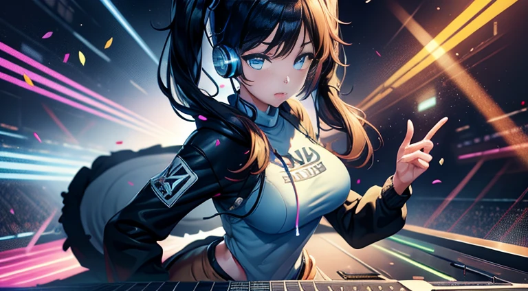 masterpiece, best quality, high resolution, UHD, 8k, ((((cowboy shot)))), BREAK, 1 girl, ((girl style anime)), Glossy skin, rounded eye, beautiful eyelash, realistic eye, beautiful woman, blue ligth hair, long hair, with white highlights, low twintails, perfect body, medium breasts, BREAK, DJ en Neon Skies, girl DJ using large headphones, on a turntable, wearing a sweatshirt with neon heart prints, mixing music in a neon environment with many lights, colored lasers, balloons, and colored confetti,