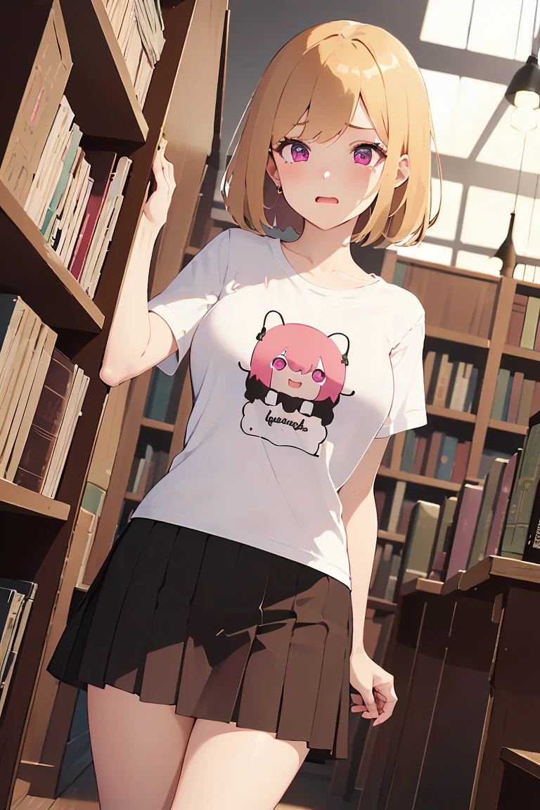 masterpiece, absurdres, best quality, ultra detailed, high Resolution, detailed illustration, bright colour, (extremely beautiful detailed face and eyes, Delicate beautiful face, 1 girl, cute face:1.3), (magenta eyes:1.1), sparkling eyes, big eyes, medium breasts, (perky breasts:1.1), (pointy breasts:1.1), medium hips, glamorous body, white skin, BREAK, long bob cut, (blonde hair:0.8), messy hair, detailed hair, shiny hair, BREAK (buggy t shirt, skirt:1.5), perfect lighting, (embarrassed:1.5), (ecstasy, vulgarity:1.5), (trembling:0.8), (Peeking from below, Stand on a stepladder, library:1.3)