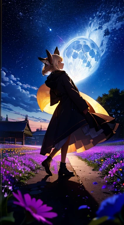 1people々々々々々々々々々々々々々,Woman with medium length blonde hair,Fox Ears,Long coat,Takageta, Dress Silhouette, Rear View,Space Sky, Flower Field,Colorful flowers,Dancing Petals,full moon,shrine,