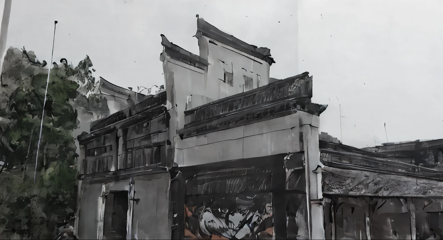 Ink style,Leave more white space on the screen,architecture