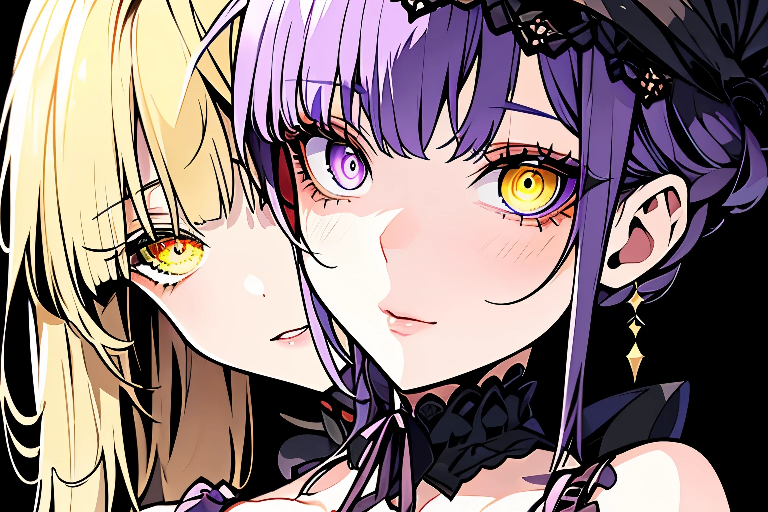 Victorian dresses, delicated eyes, delicated lips, (full heterocromia (a right eye yellow, a left eye purple))