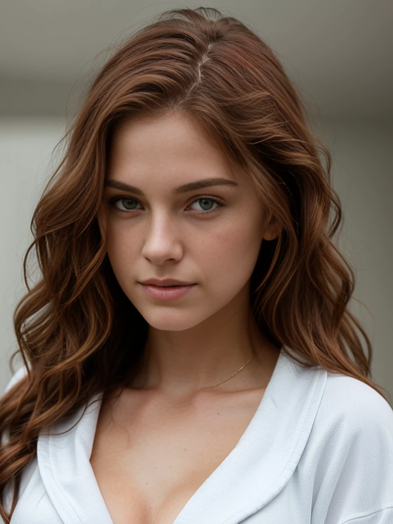 Beautiful 18 years old girl, beautiful face, redhead, long wavy hair, busty, athletic body, wearing a bathrobe. The woman's hair should be rendered in exquisite detail, with each strand and curl perfectly rendered. The final image should be a stunning, photo-realistic representation of the scene, with a level of detail and realism that makes the viewer feel like they're looking at a real photograph.