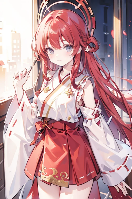 Red hair　long hair　Young Girl　Fearless smile　Miko costume